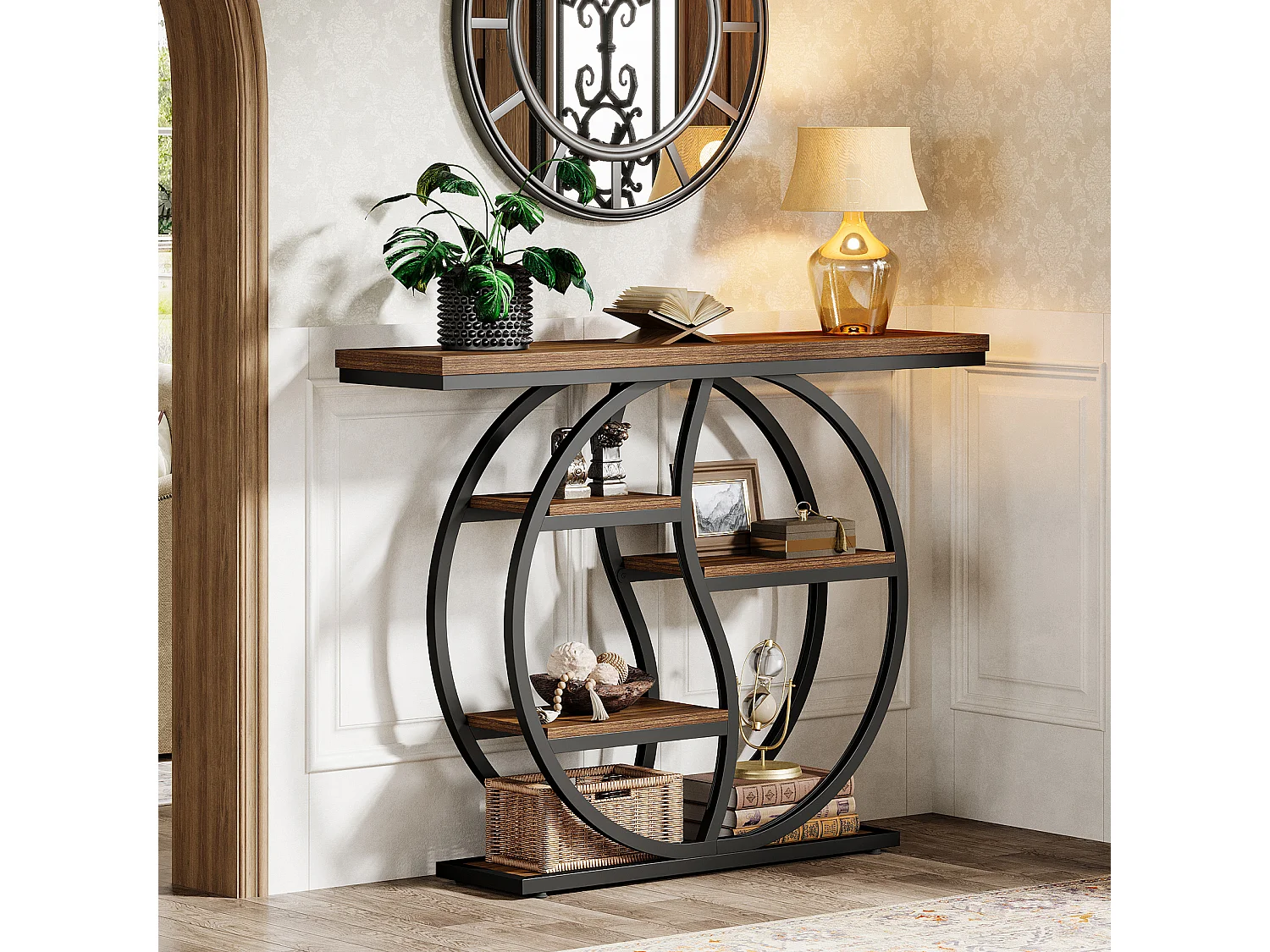 Table console industrielle à 4 étages, 120 x 30 cm, avec base circulaire