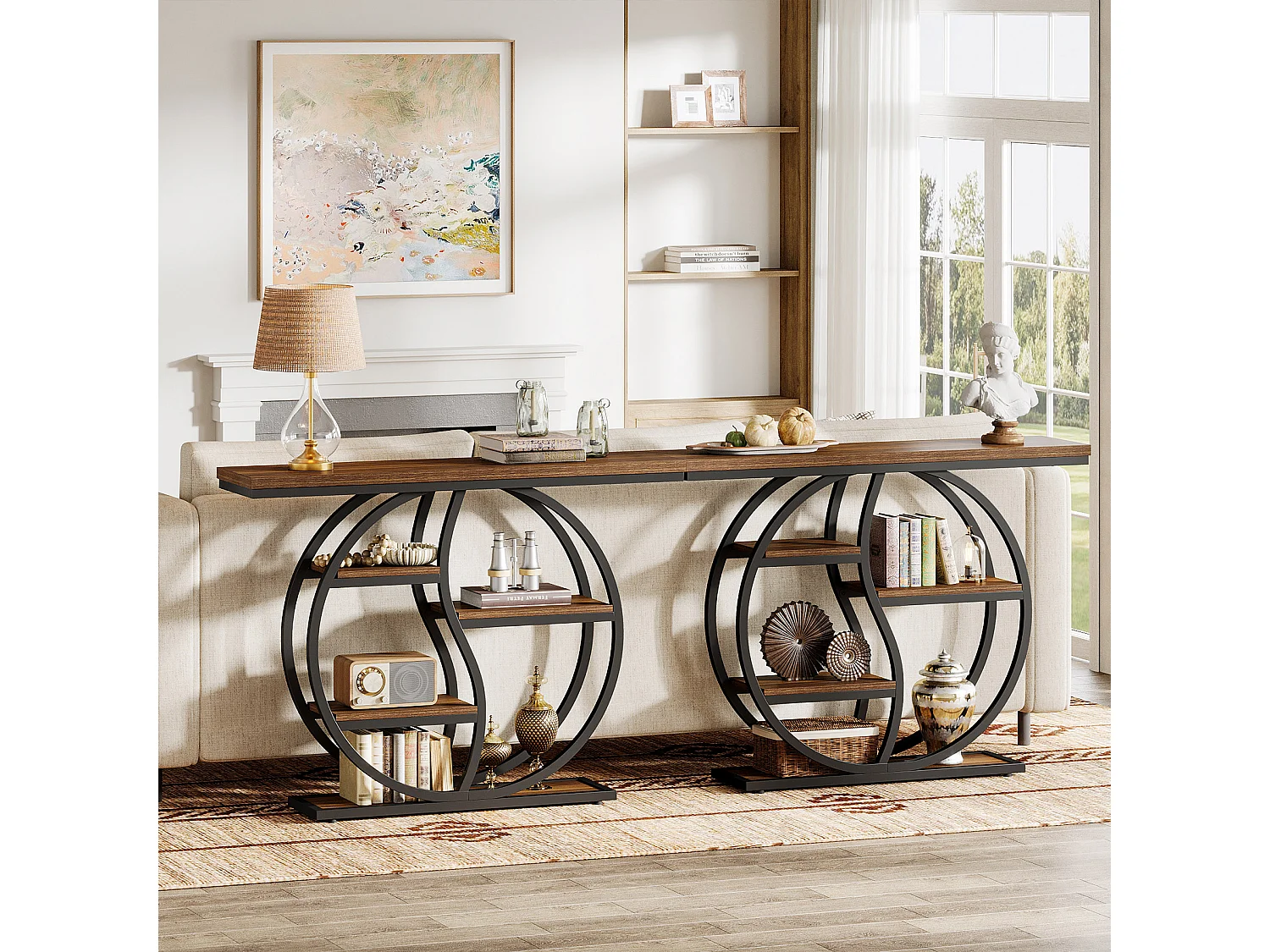 Table console industrielle à 4 étages, 120 x 30 cm, avec base circulaire