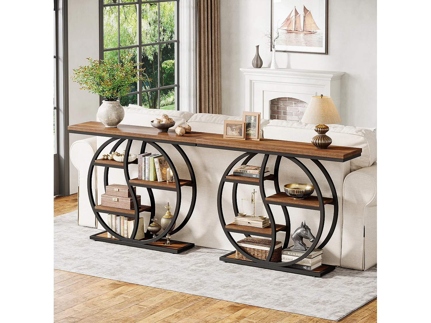 Table console industrielle à 4 étages, 120 x 30 cm, avec base circulaire