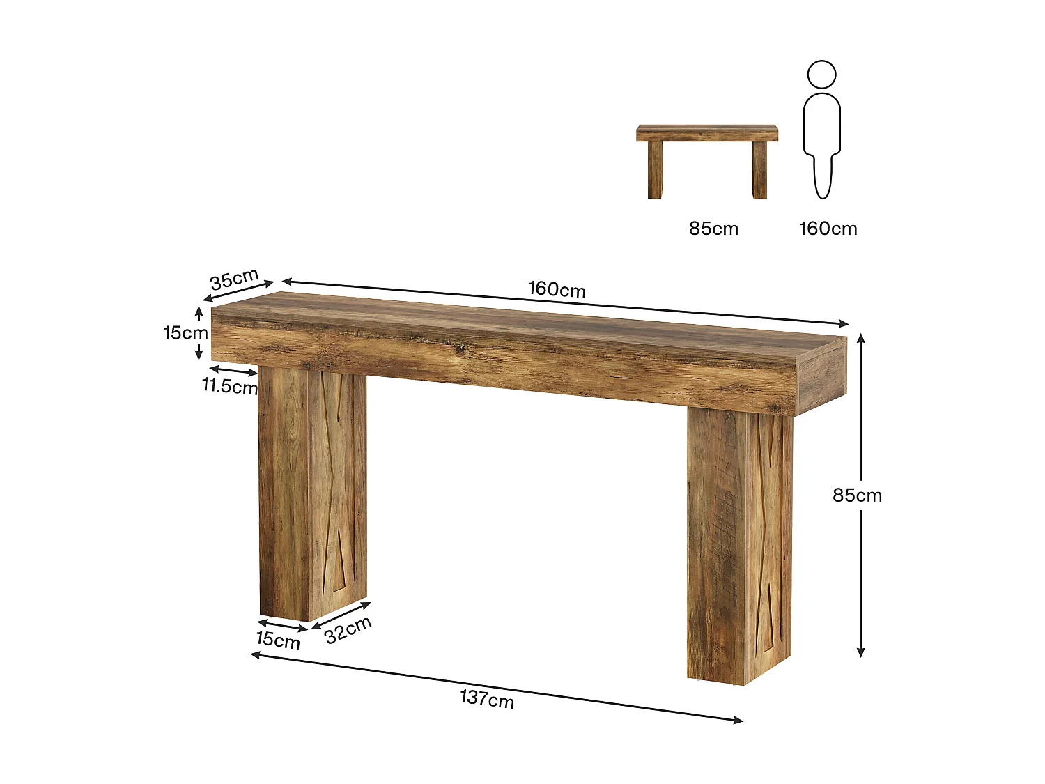 Table console étroite de 160 cm - Table basse moderne pour couloir