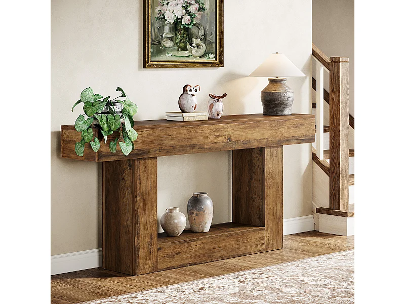 Table console de 160 cm de long, table d'entrée à 2 étages, table basse avec espace de rangement