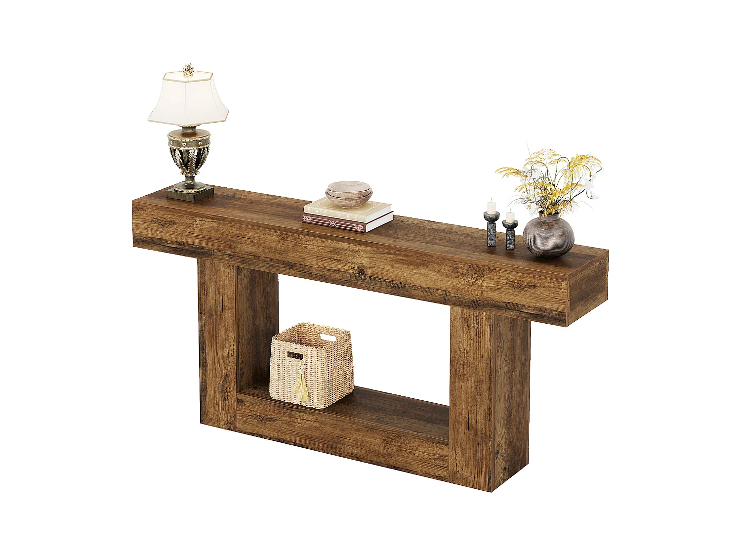 Table console de 160 cm de long, table d'entrée à 2 étages, table basse avec espace de rangement