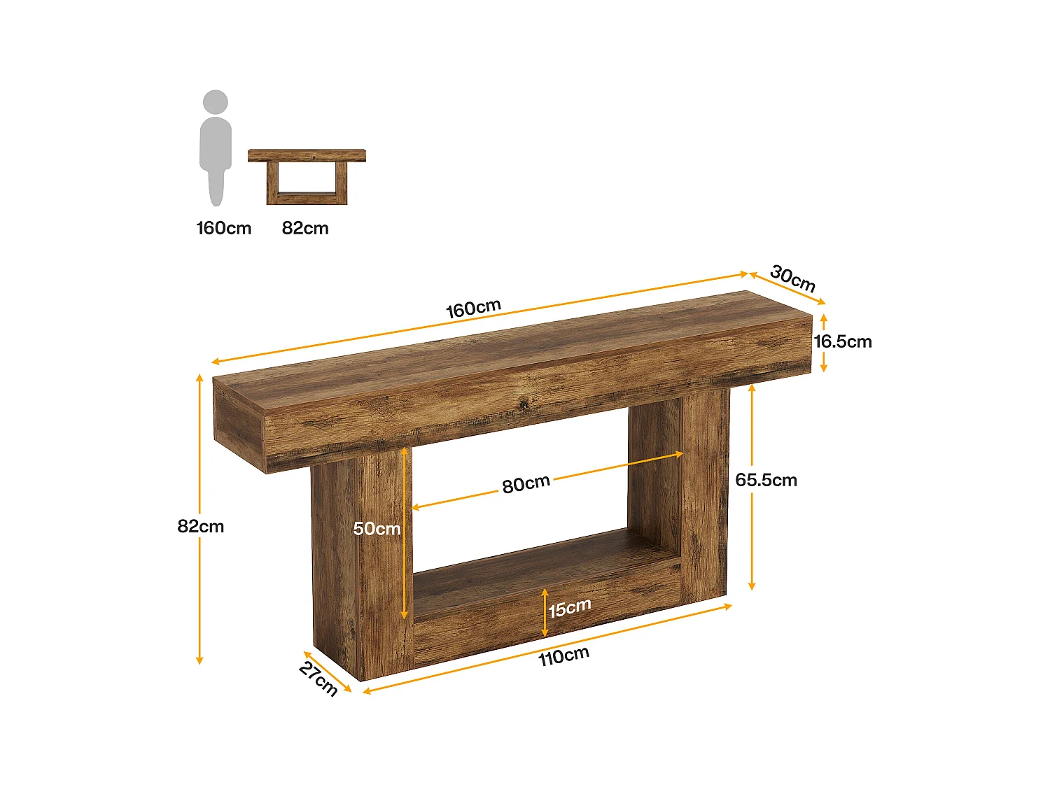 Table console de 160 cm de long, table d'entrée à 2 étages, table basse avec espace de rangement