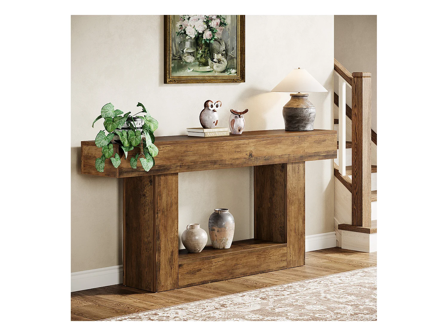 Table console de 160 cm de long, table d'entrée à 2 étages, table basse avec espace de rangement