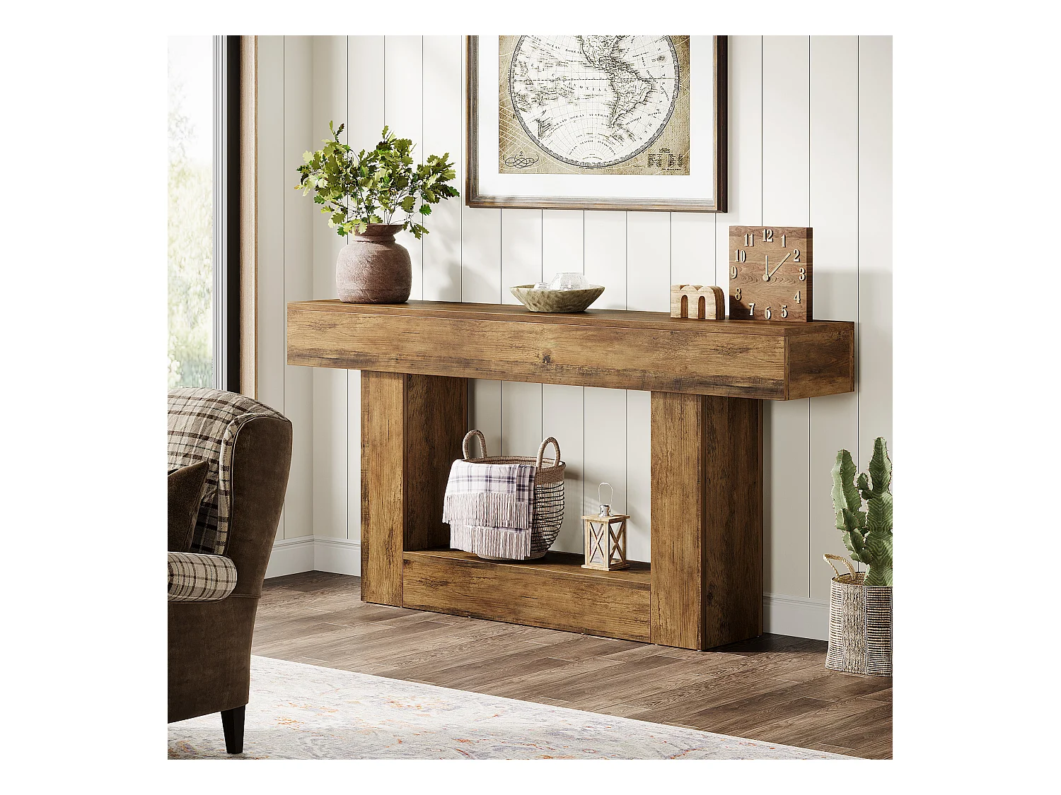 Table console de 160 cm de long, table d'entrée à 2 étages, table basse avec espace de rangement