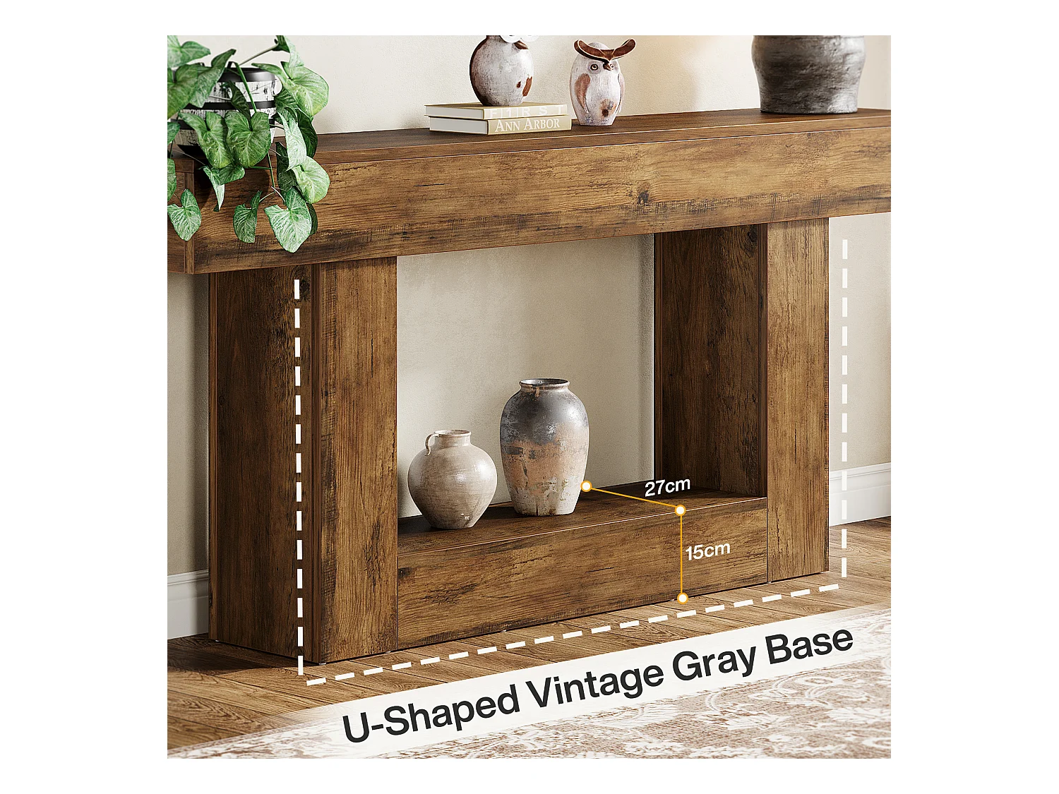 Table console de 160 cm de long, table d'entrée à 2 étages, table basse avec espace de rangement