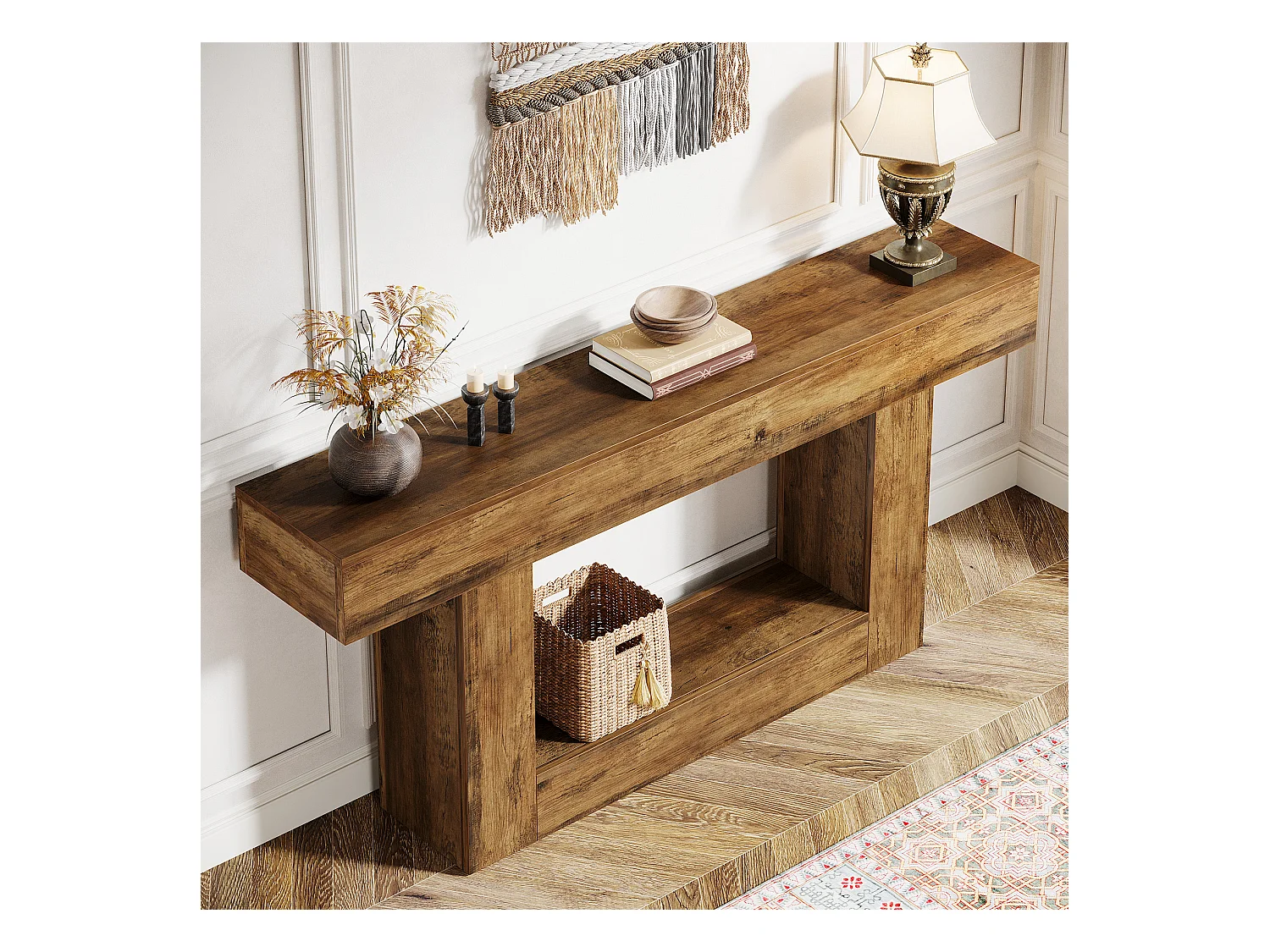 Table console de 160 cm de long, table d'entrée à 2 étages, table basse avec espace de rangement