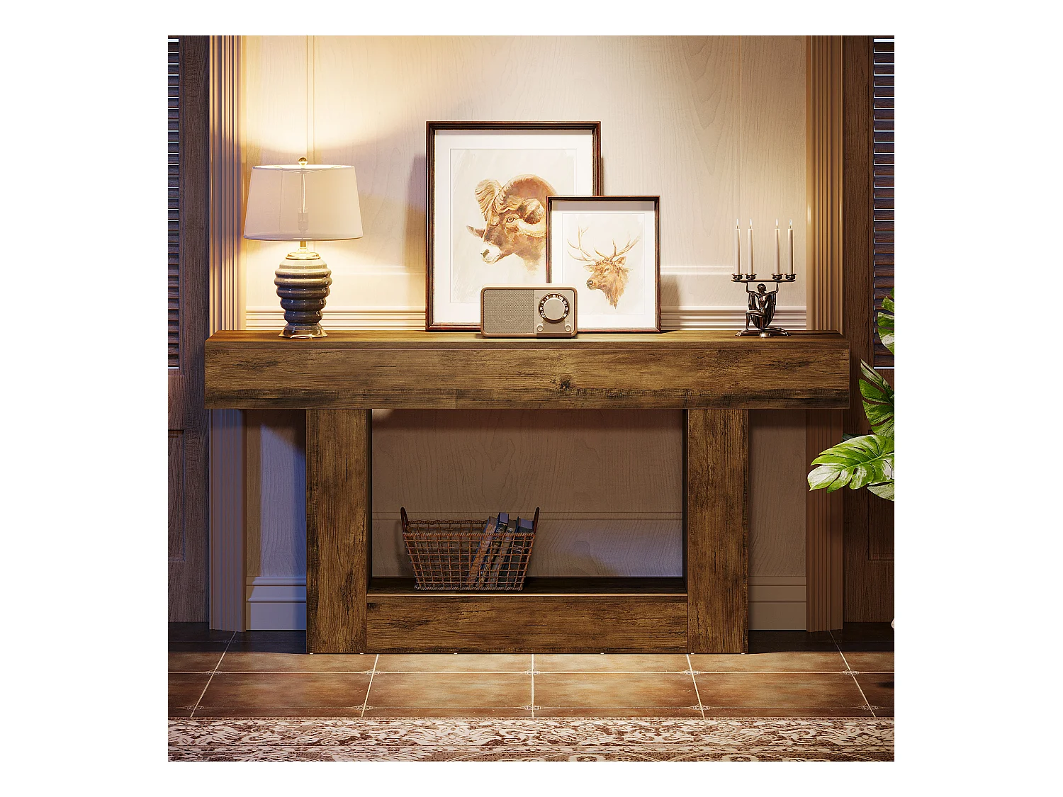 Table console de 160 cm de long, table d'entrée à 2 étages, table basse avec espace de rangement