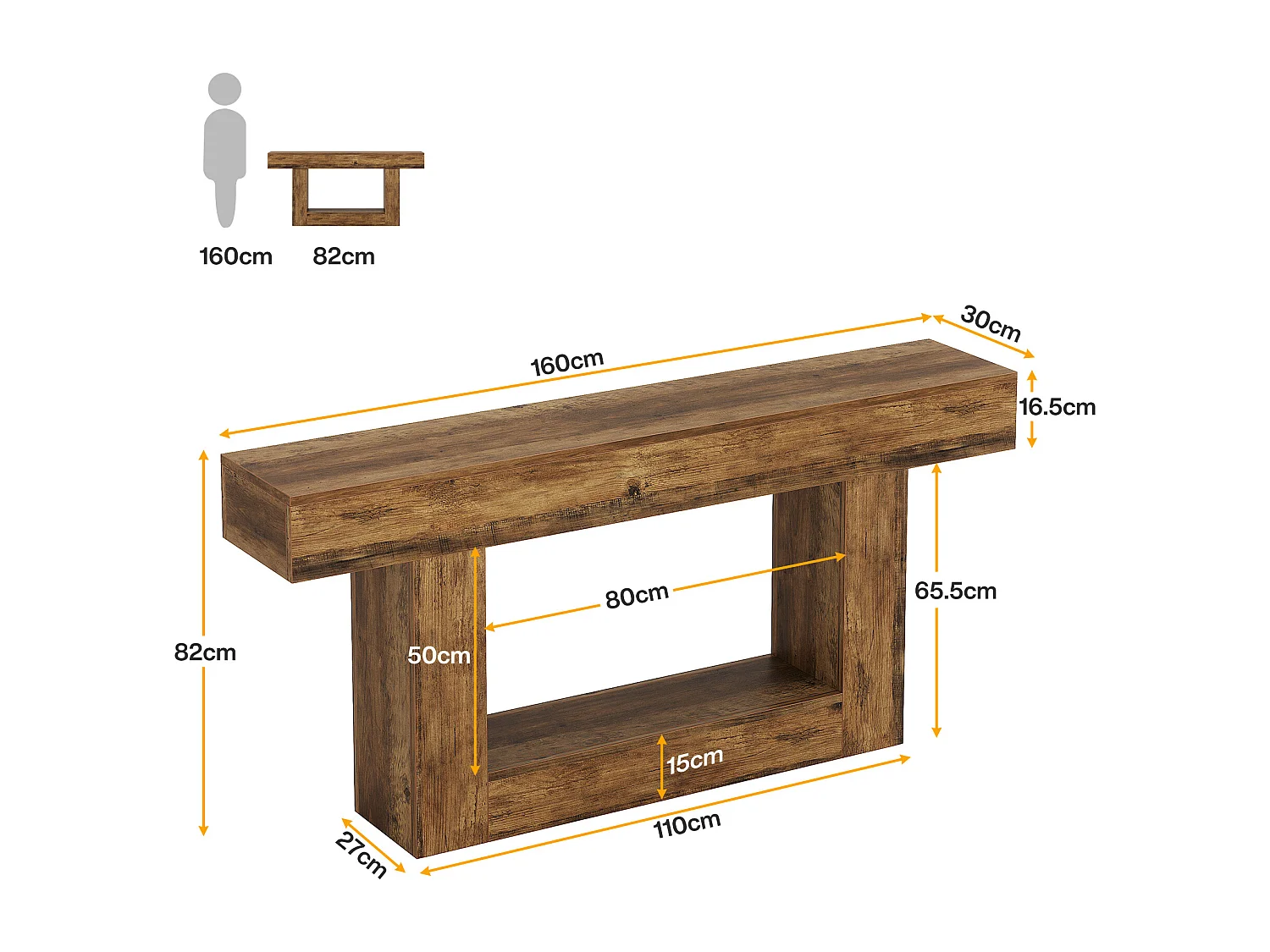 Consoletafel van 160 cm lang, entreetafel met 2 niveaus, salontafel met opbergruimte