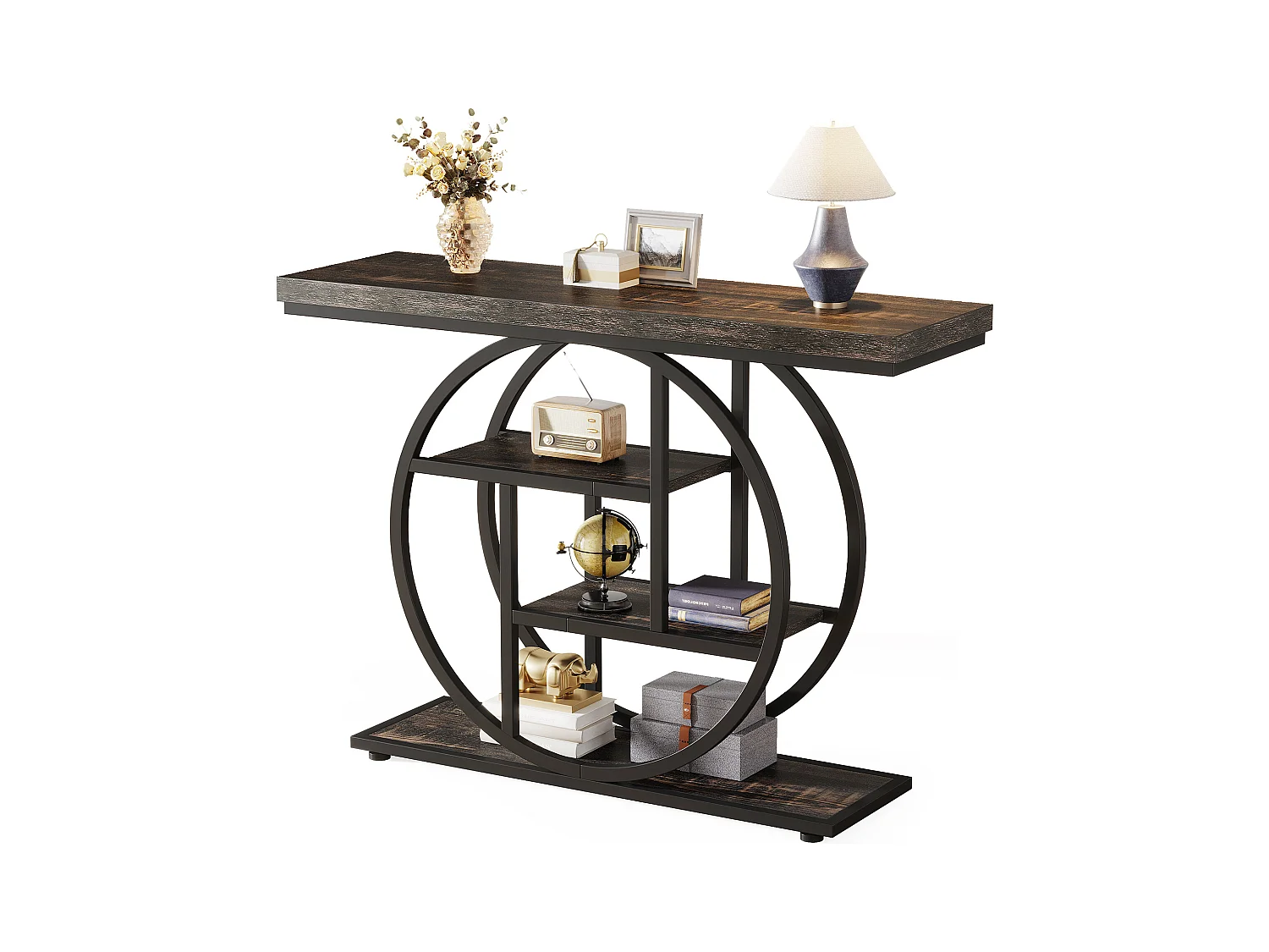 Console de Style Industriel de 105 cm, à 4 Niveaux avec Base Circulaire (Noir)