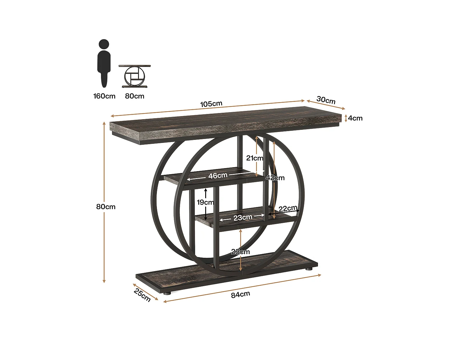 Console de Style Industriel de 105 cm, à 4 Niveaux avec Base Circulaire (Noir)