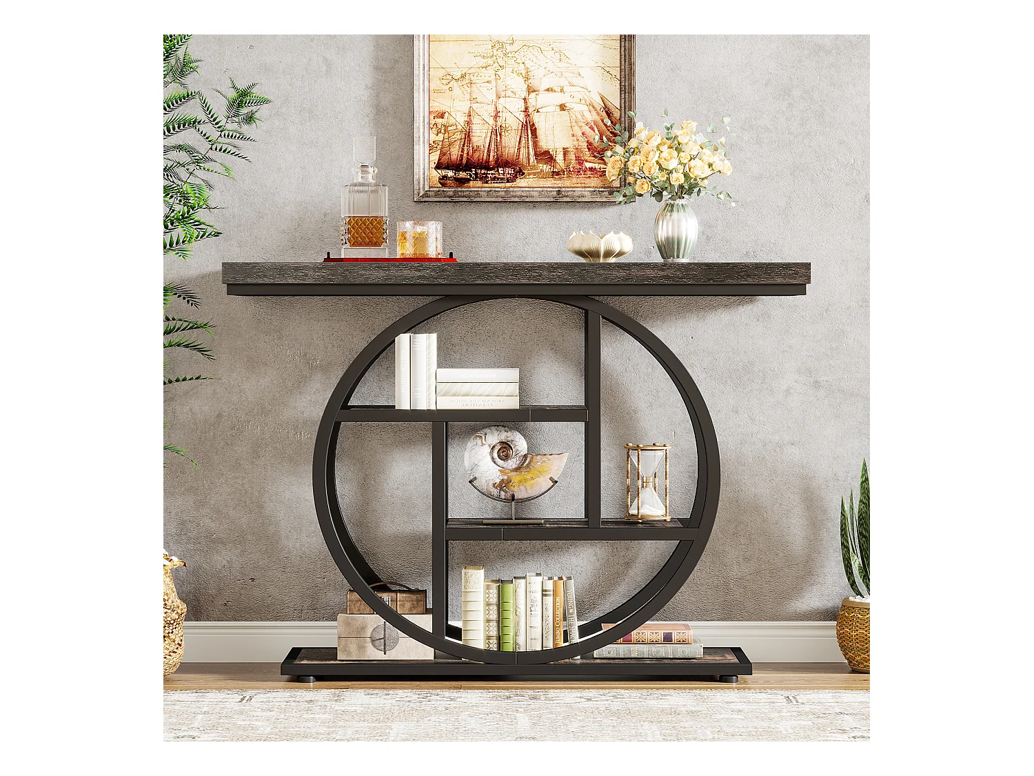 Console de Style Industriel de 105 cm, à 4 Niveaux avec Base Circulaire (Noir)