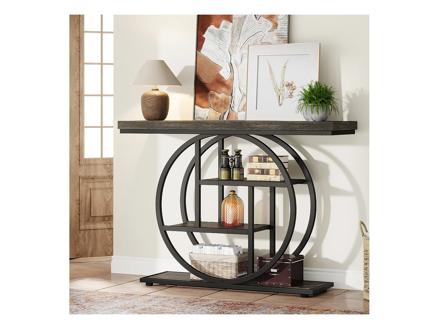 Console de Style Industriel de 105 cm, à 4 Niveaux avec Base Circulaire (Noir)