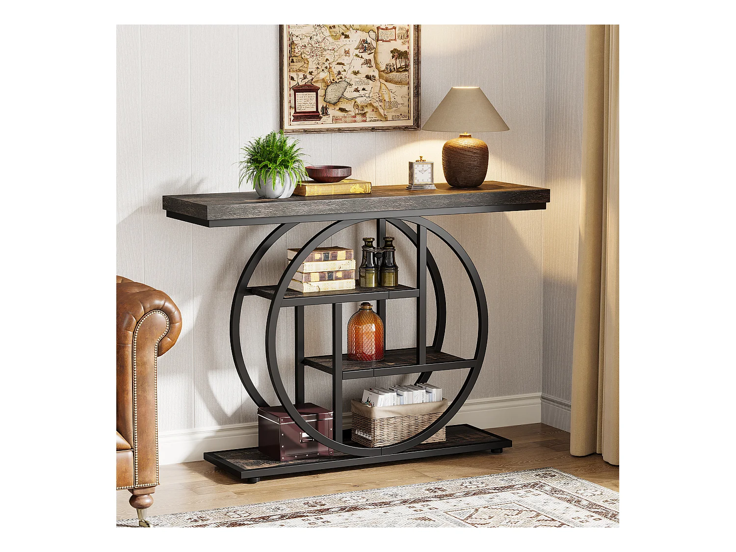 Console de Style Industriel de 105 cm, à 4 Niveaux avec Base Circulaire (Noir)