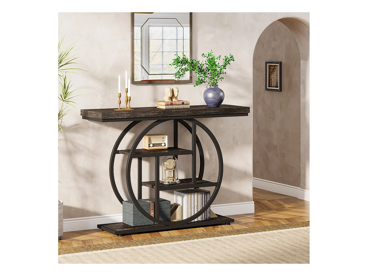 Console de Style Industriel de 105 cm, à 4 Niveaux avec Base Circulaire (Noir)