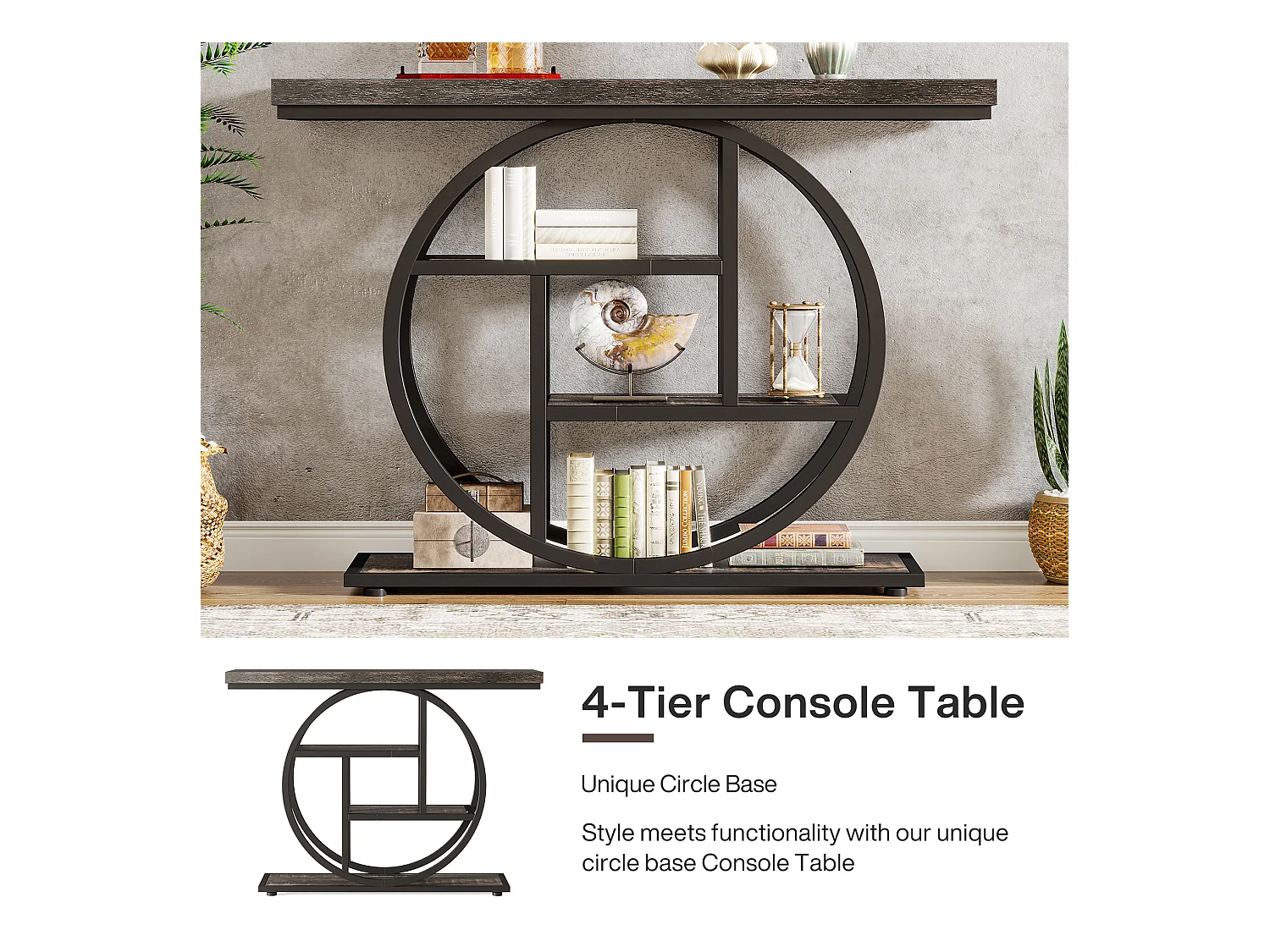 Console de Style Industriel de 105 cm, à 4 Niveaux avec Base Circulaire (Noir)