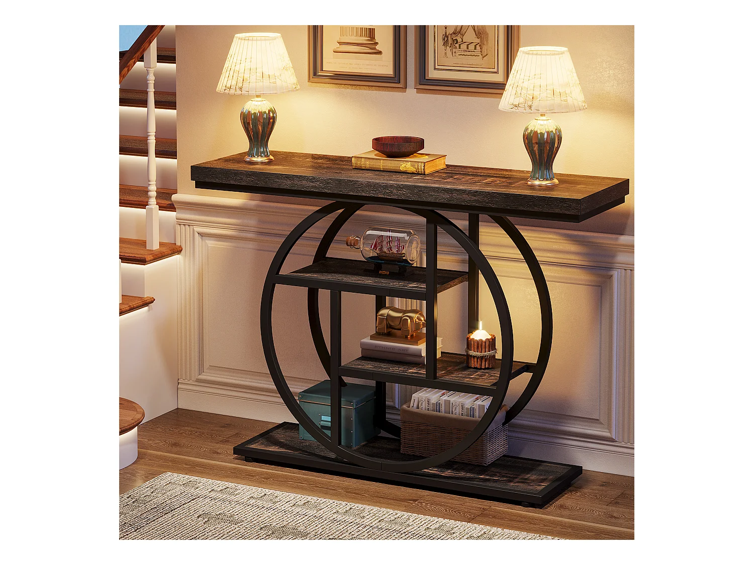 Console de Style Industriel de 105 cm, à 4 Niveaux avec Base Circulaire (Noir)
