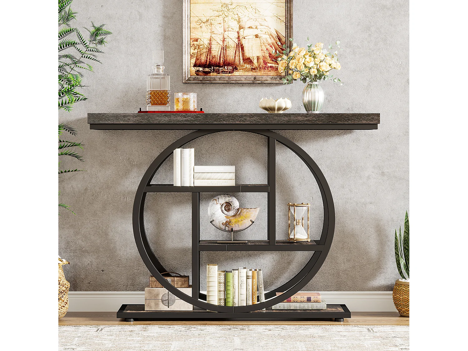 Console de Style Industriel de 105 cm, à 4 Niveaux avec Base Circulaire (Noir)
