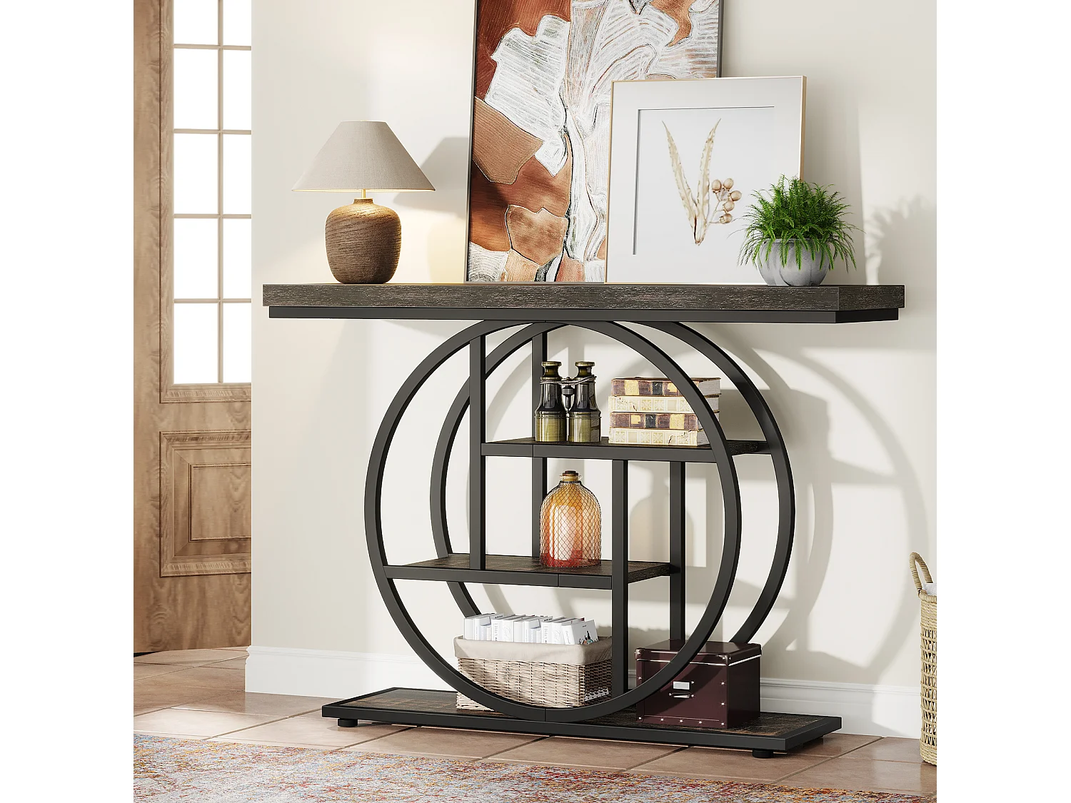 Console de Style Industriel de 105 cm, à 4 Niveaux avec Base Circulaire (Noir)