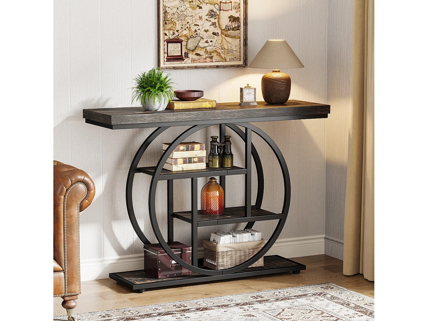 Console de Style Industriel de 105 cm, à 4 Niveaux avec Base Circulaire (Noir)
