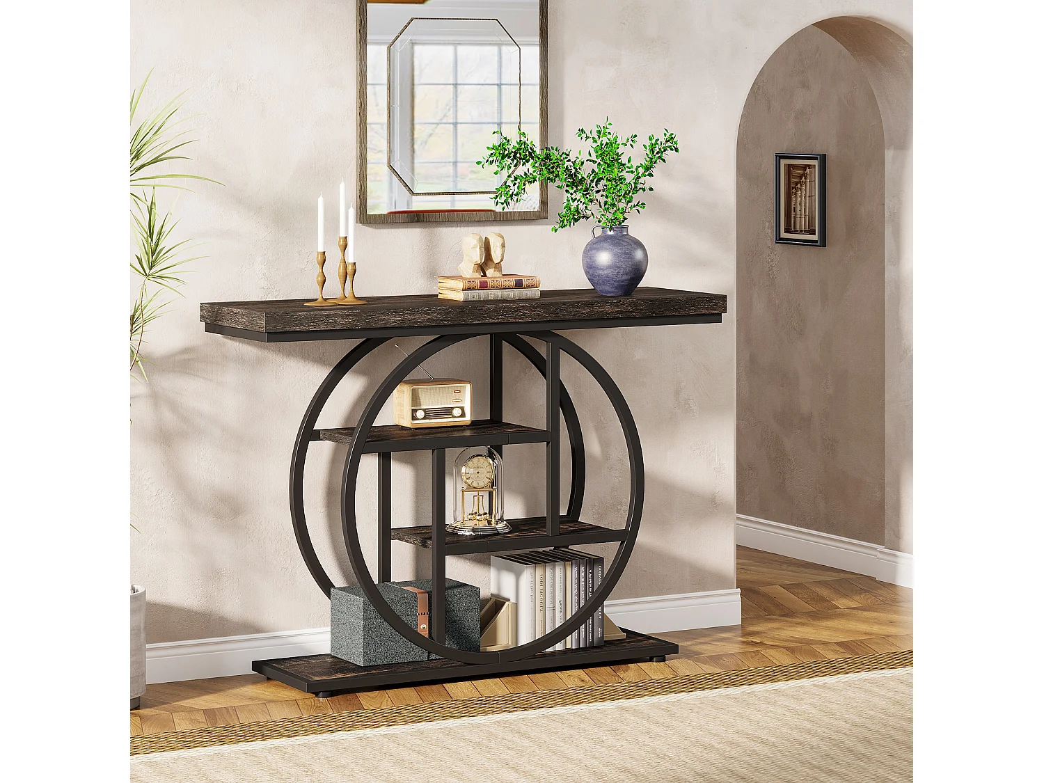 Console de Style Industriel de 105 cm, à 4 Niveaux avec Base Circulaire (Noir)