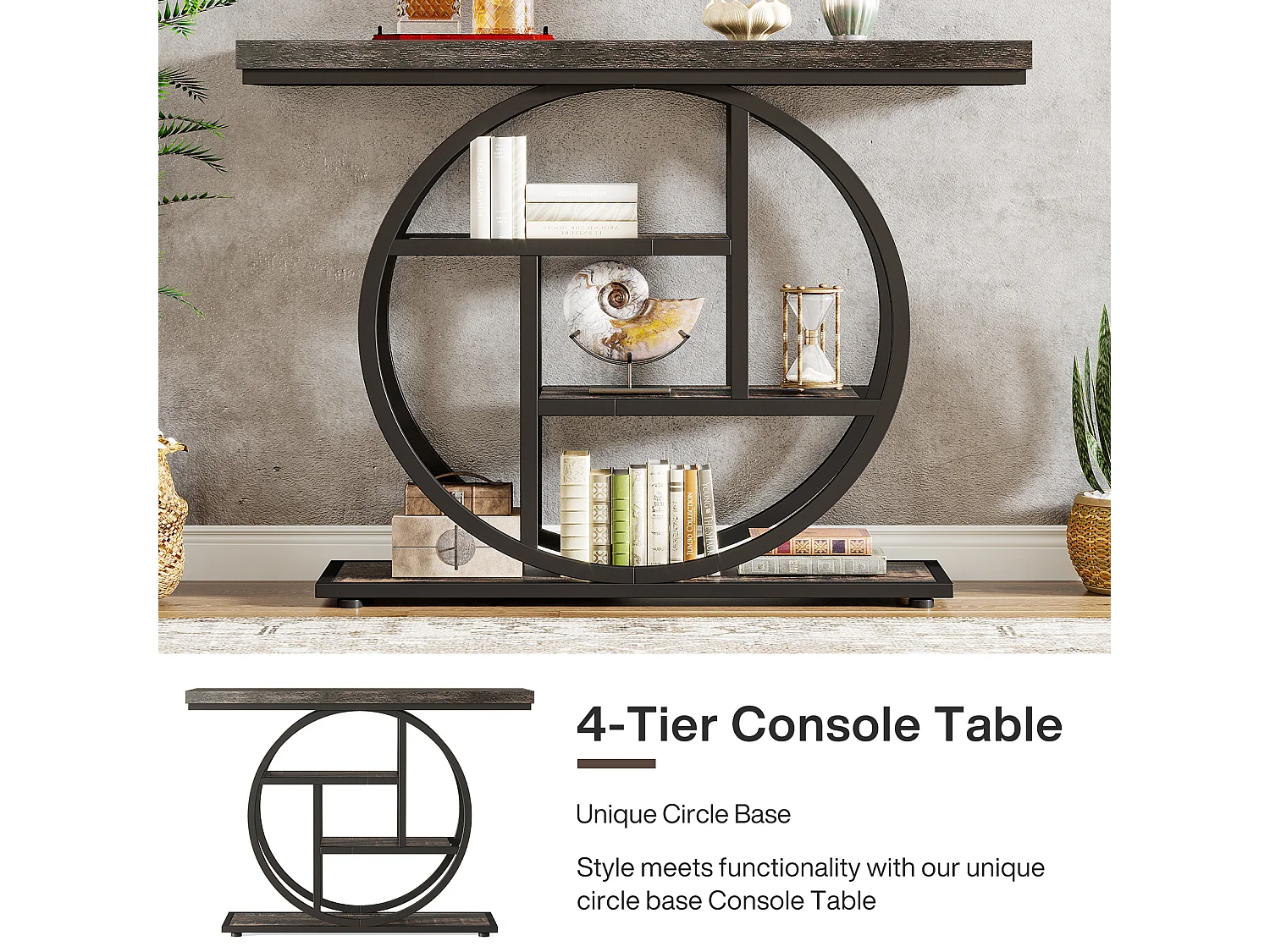 Console de Style Industriel de 105 cm, à 4 Niveaux avec Base Circulaire (Noir)