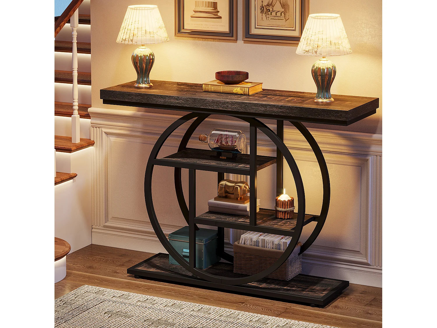 Console de Style Industriel de 105 cm, à 4 Niveaux avec Base Circulaire (Noir)