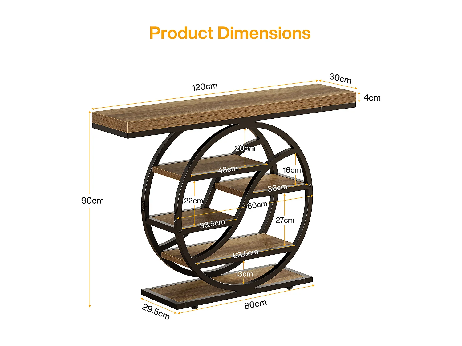 Table console industrielle à 5 étages de 120 cm avec socle circulaire