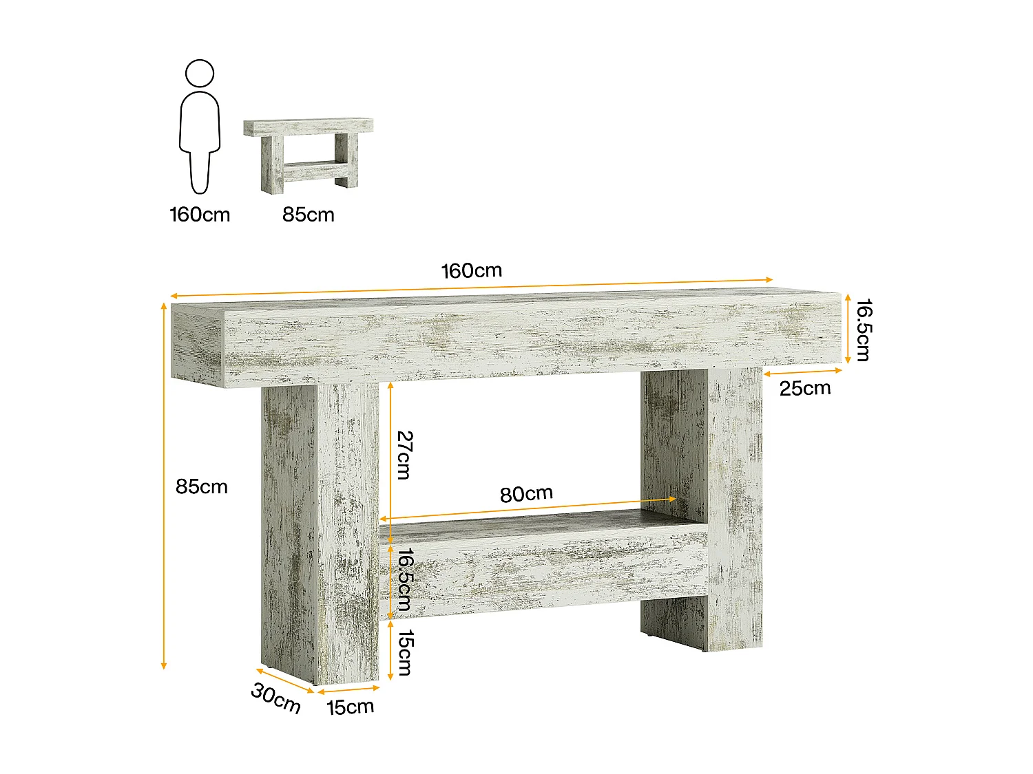 Table console de 160 cm de long, table d'entrée de ferme avec rangement