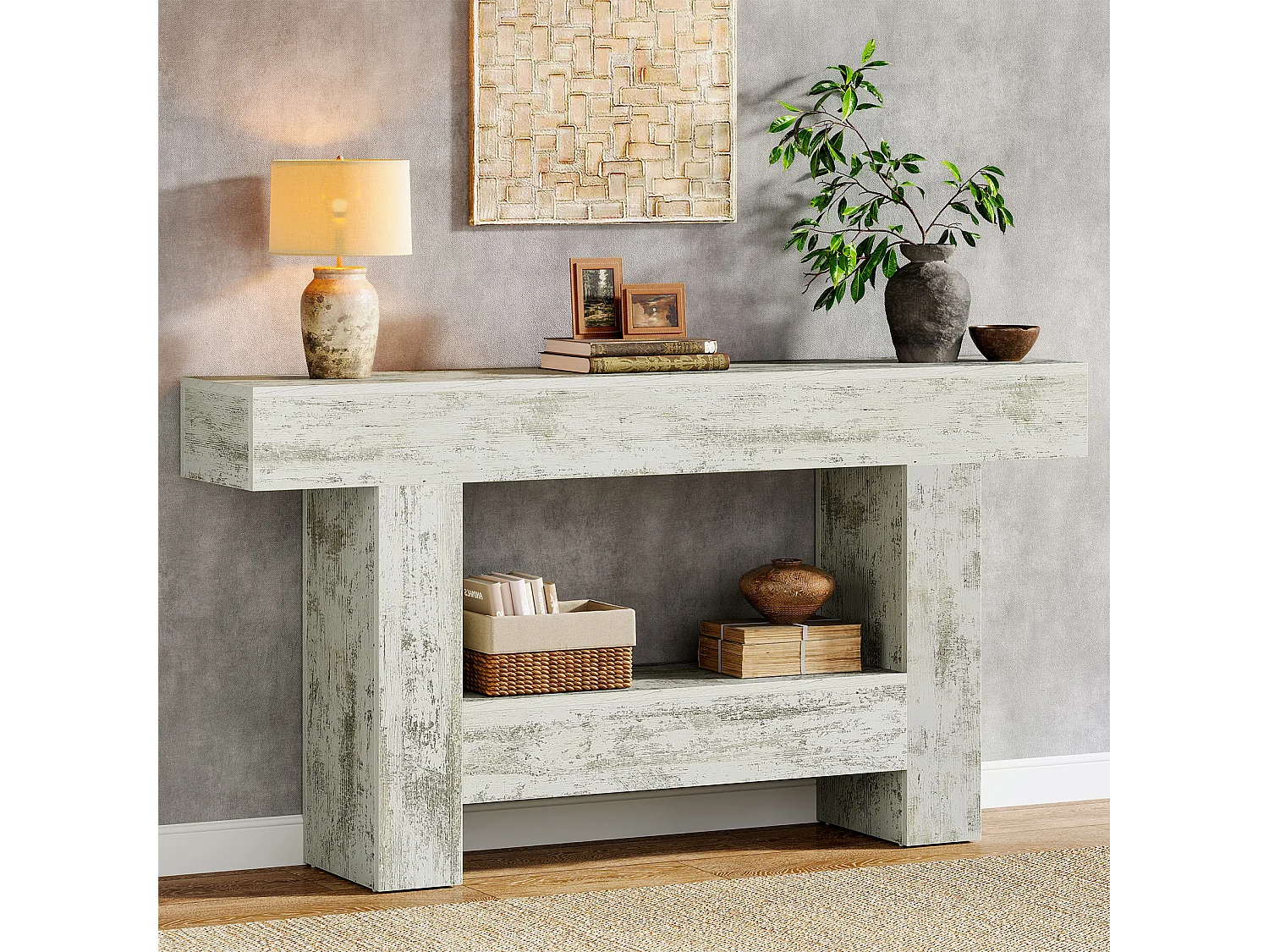 Table console de 160 cm de long, table d'entrée de ferme avec rangement