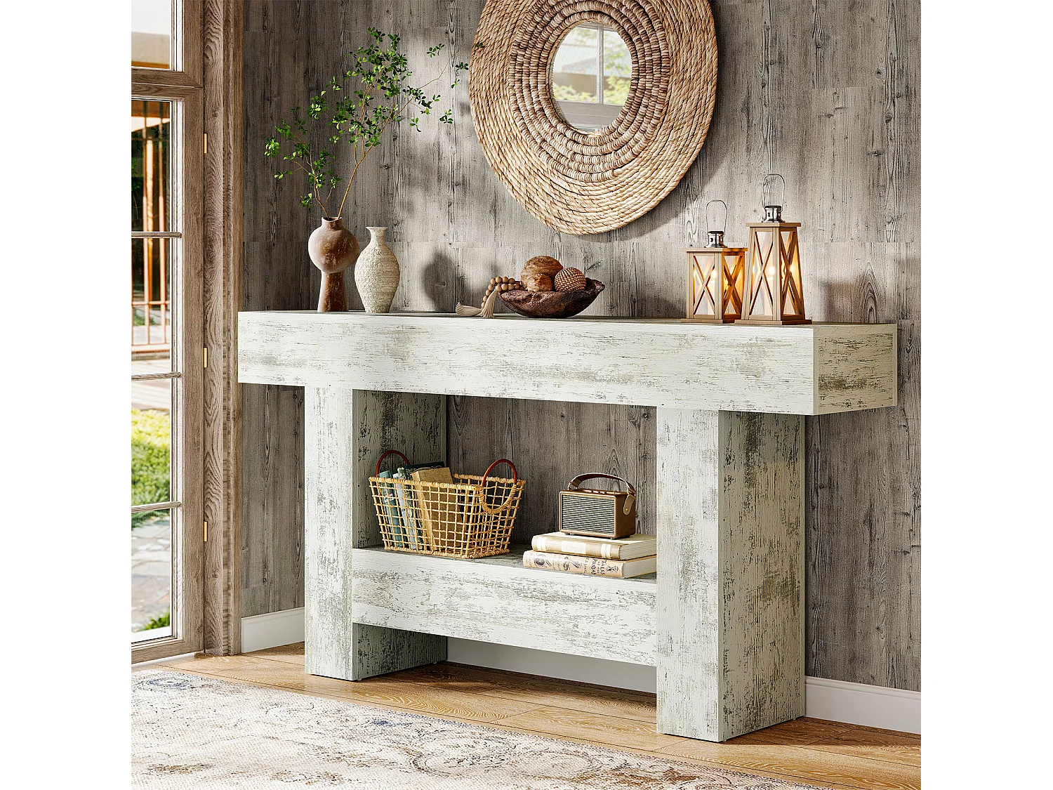 Table console de 160 cm de long, table d'entrée de ferme avec rangement