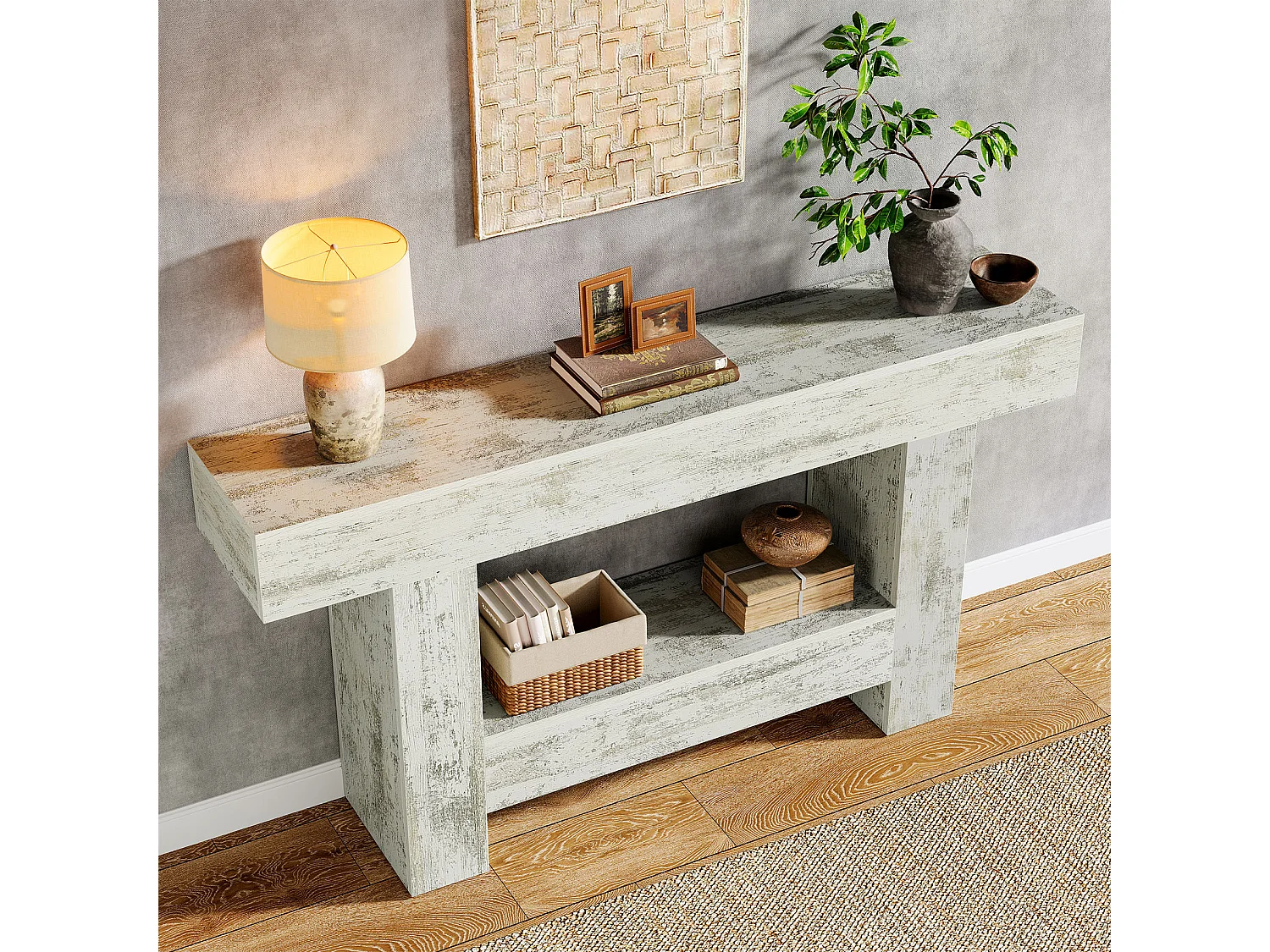 Table console de 160 cm de long, table d'entrée de ferme avec rangement