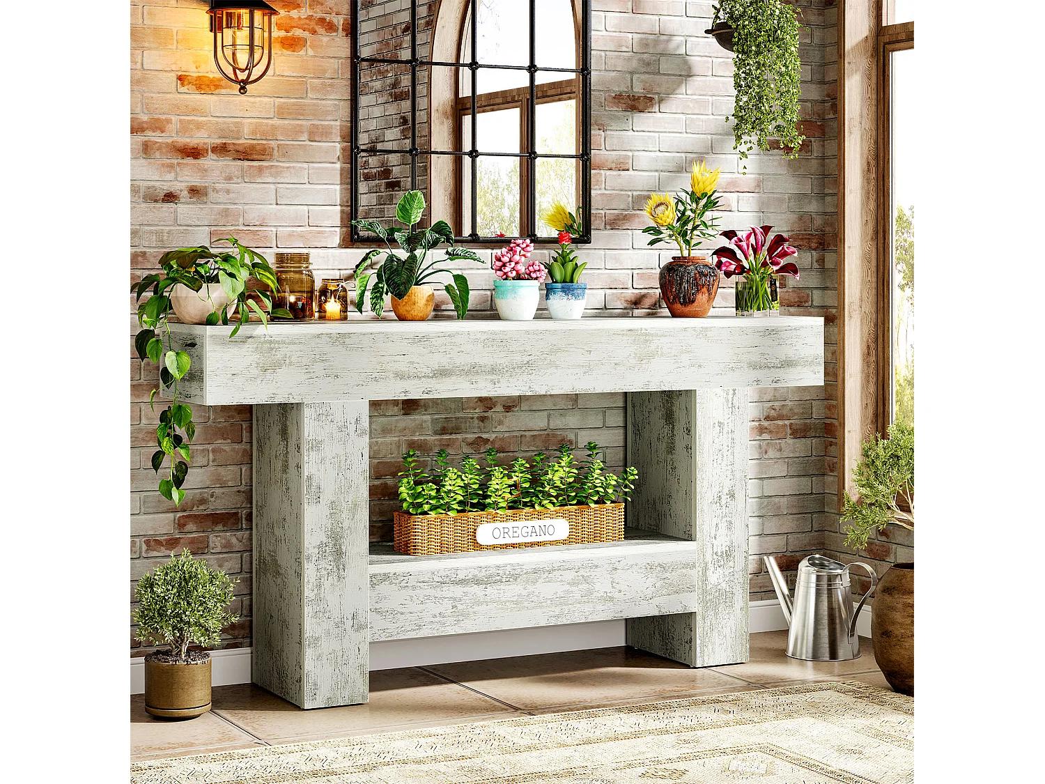 Table console de 160 cm de long, table d'entrée de ferme avec rangement