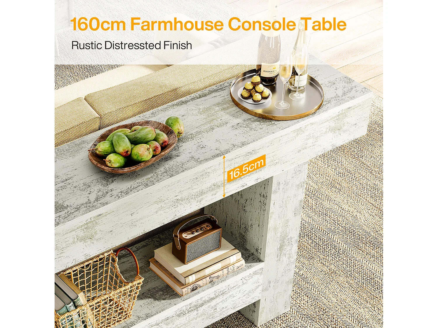 Table console de 160 cm de long, table d'entrée de ferme avec rangement
