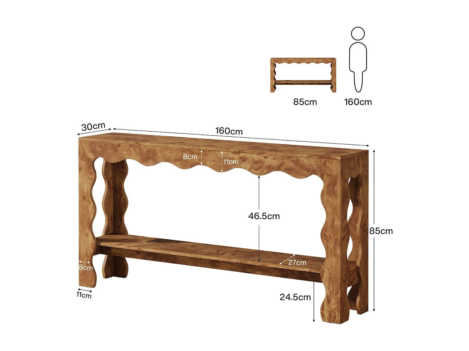Table console de 160 cm, table d'entrée étroite à 2 niveaux avec pieds festonnés