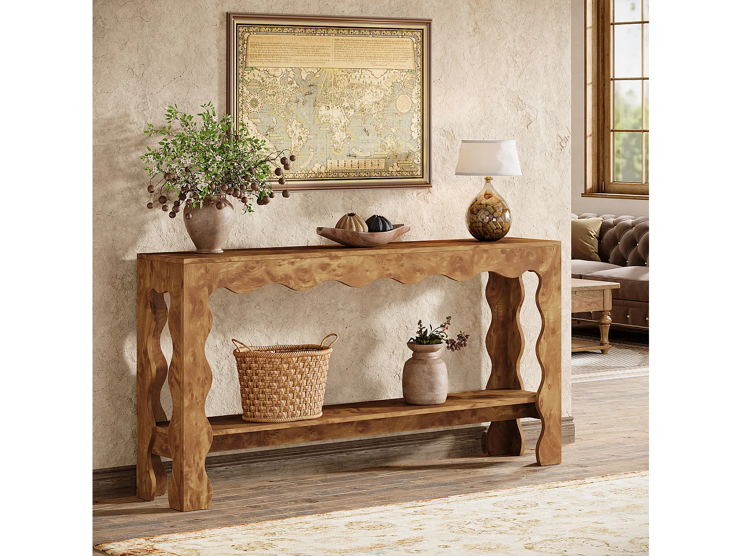 Table console de 160 cm, table d'entrée étroite à 2 niveaux avec pieds festonnés