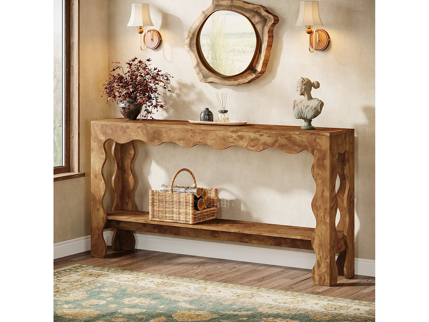 Table console de 160 cm, table d'entrée étroite à 2 niveaux avec pieds festonnés