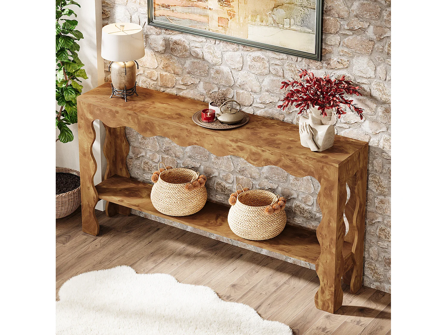 Table console de 160 cm, table d'entrée étroite à 2 niveaux avec pieds festonnés