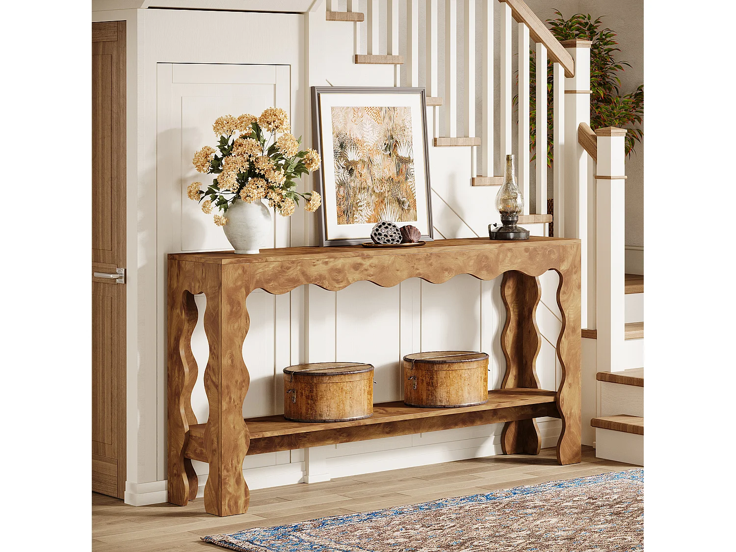 Table console de 160 cm, table d'entrée étroite à 2 niveaux avec pieds festonnés