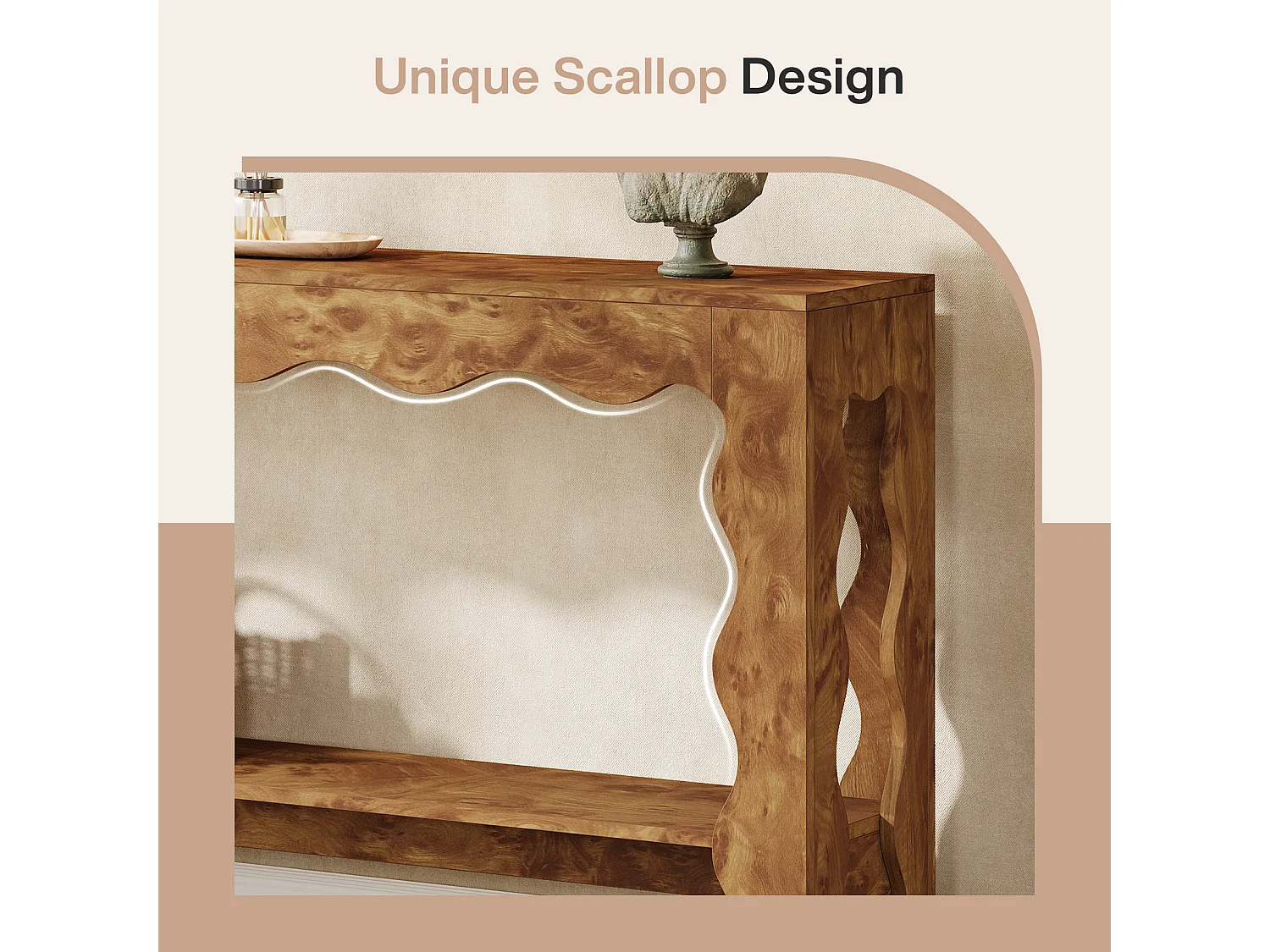 Table console de 160 cm, table d'entrée étroite à 2 niveaux avec pieds festonnés