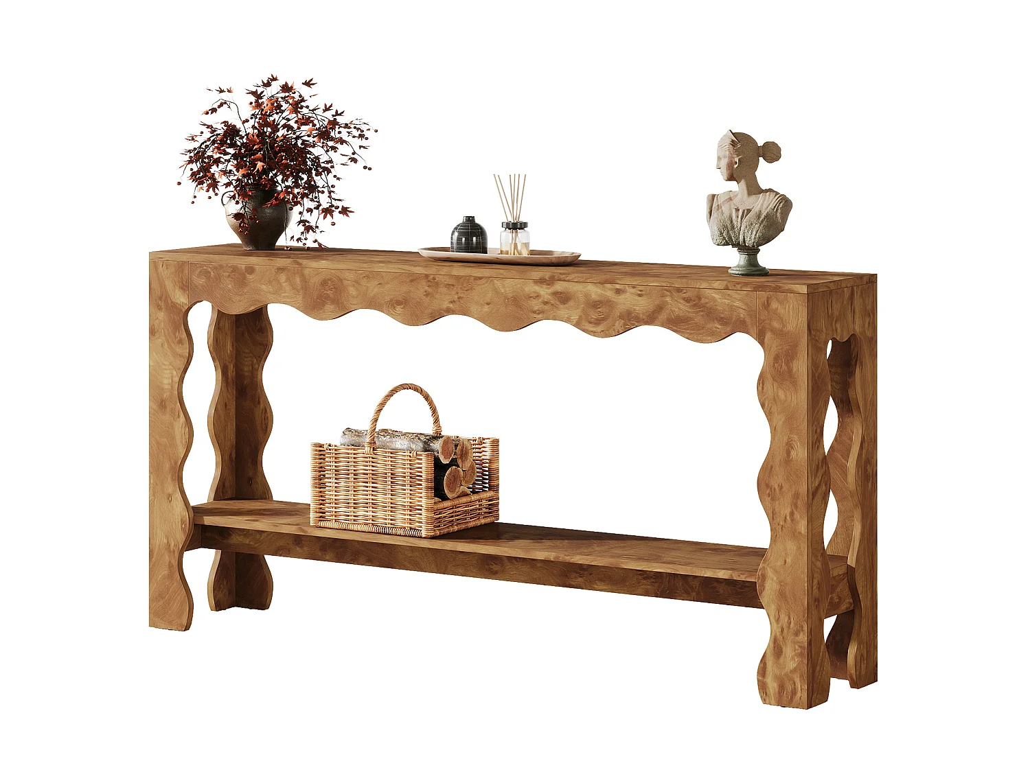 Table console de 160 cm, table d'entrée étroite à 2 niveaux avec pieds festonnés