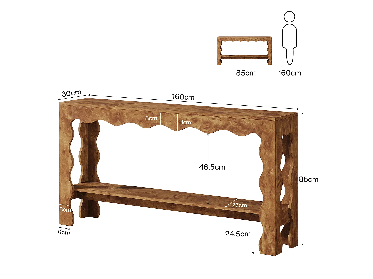 Table console de 160 cm, table d'entrée étroite à 2 niveaux avec pieds festonnés