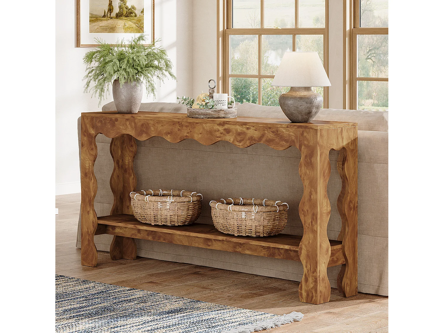 Table console de 160 cm, table d'entrée étroite à 2 niveaux avec pieds festonnés