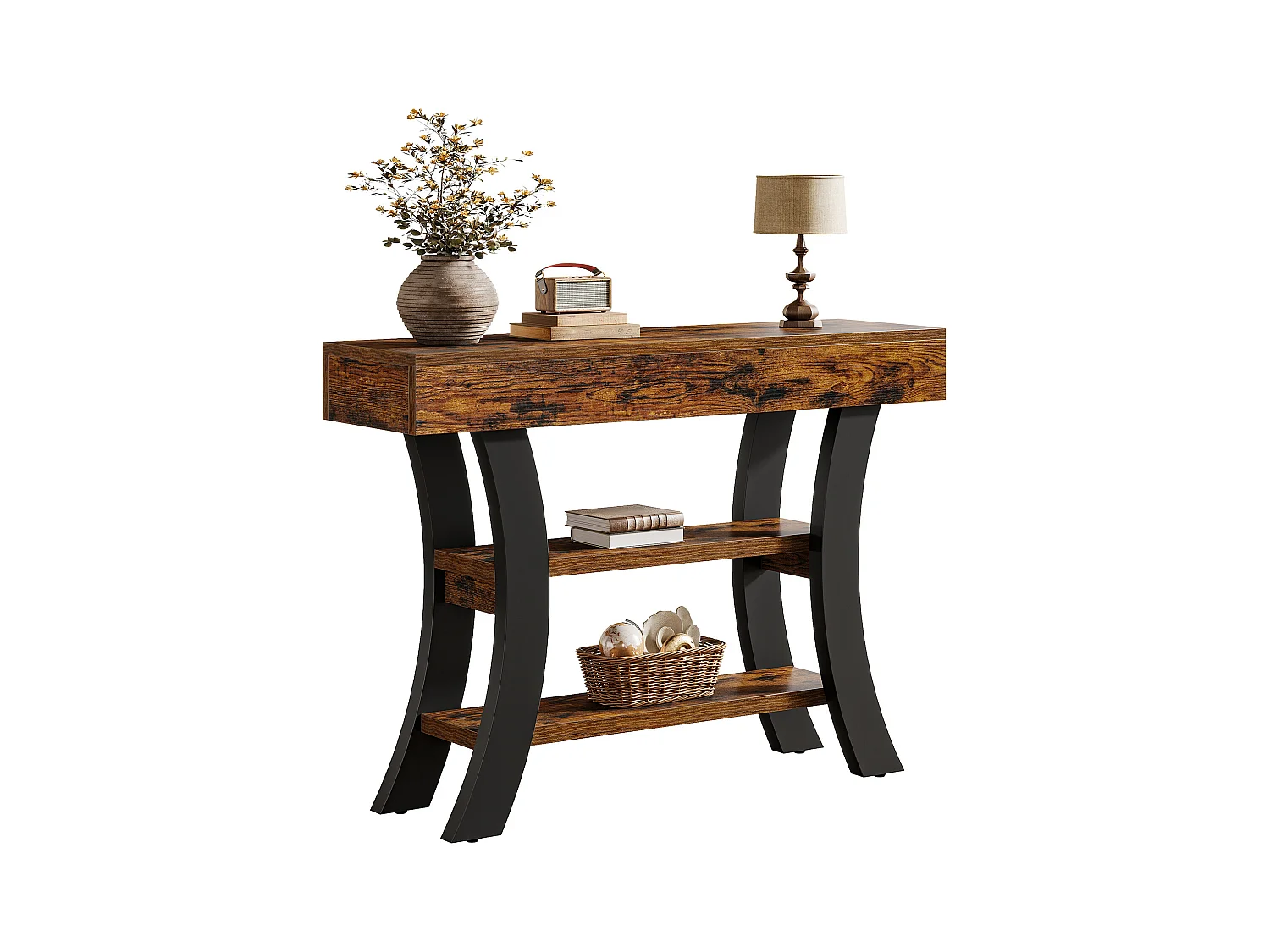 Petite table console de 105 cm pour entrée, table de canapé rustique à 3 niveaux