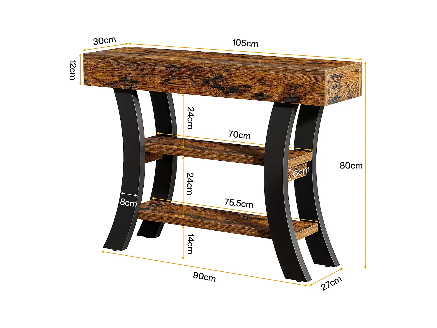 Petite table console de 105 cm pour entrée, table de canapé rustique à 3 niveaux