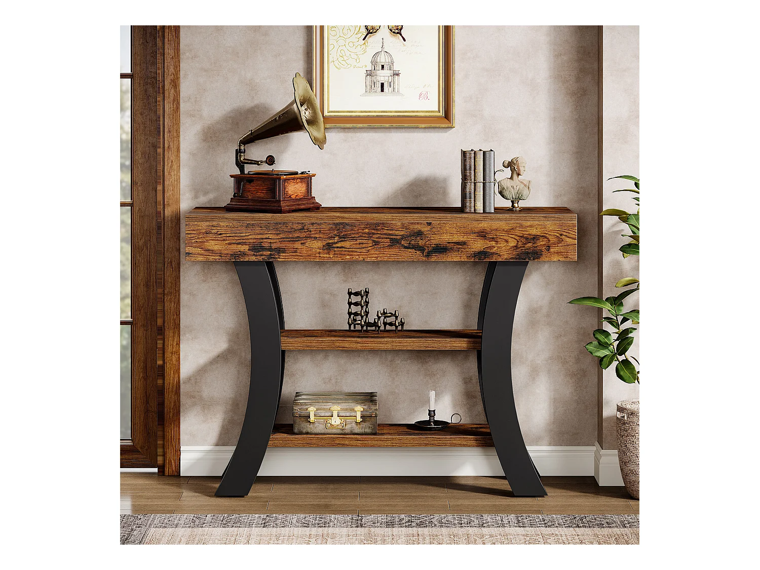 Petite table console de 105 cm pour entrée, table de canapé rustique à 3 niveaux