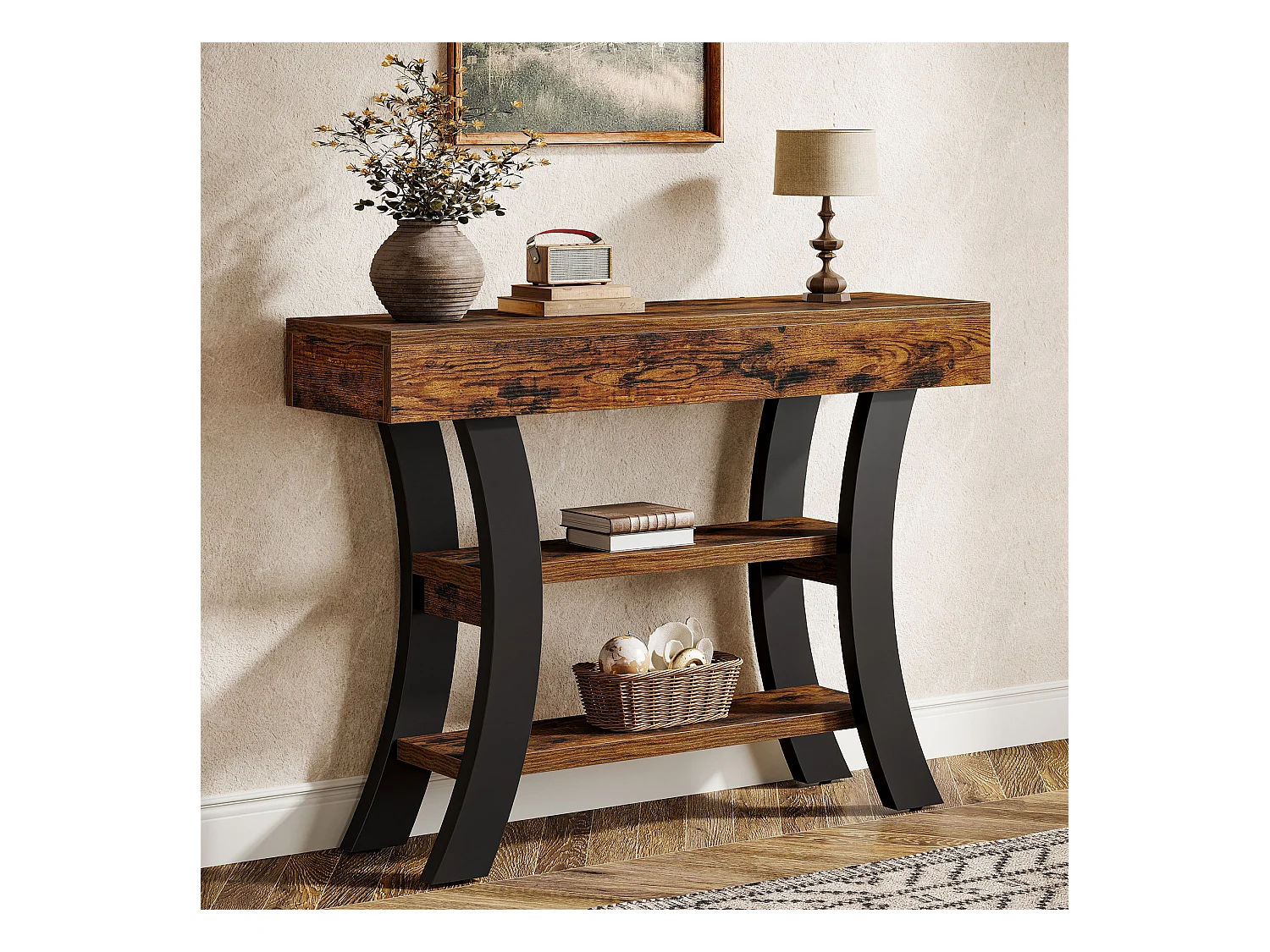 Petite table console de 105 cm pour entrée, table de canapé rustique à 3 niveaux