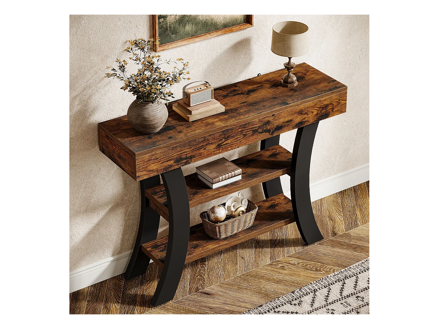 Petite table console de 105 cm pour entrée, table de canapé rustique à 3 niveaux