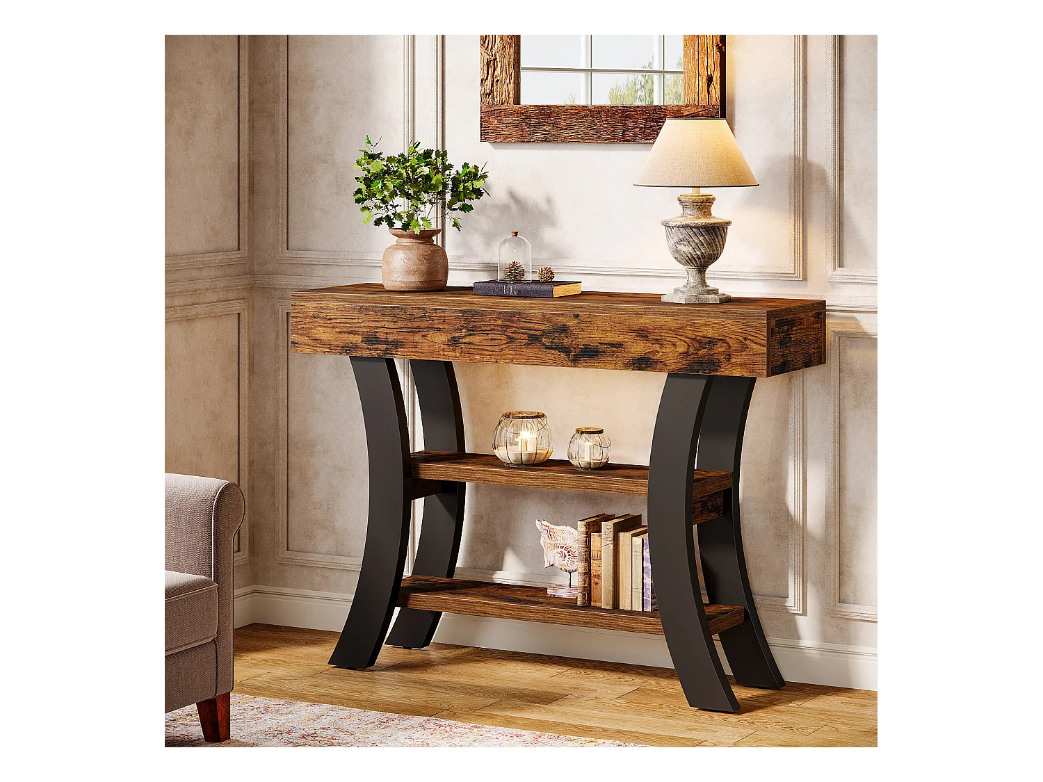 Petite table console de 105 cm pour entrée, table de canapé rustique à 3 niveaux