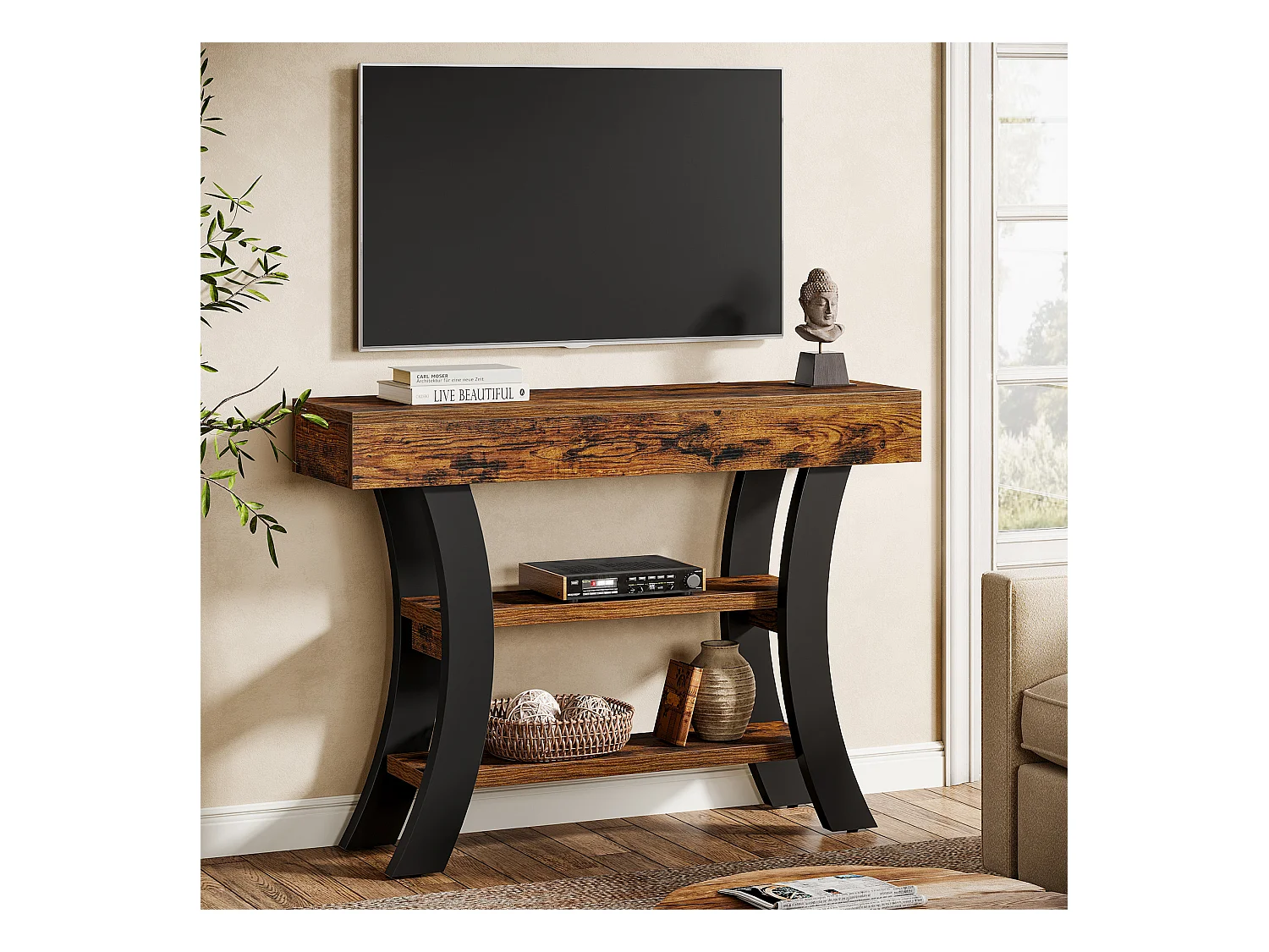 Petite table console de 105 cm pour entrée, table de canapé rustique à 3 niveaux